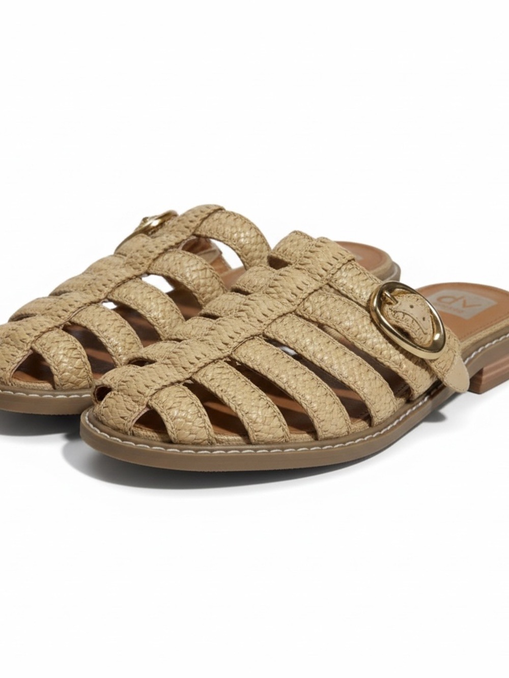Dolce Vita Tan Woven Slide Mules with Gold Buckle